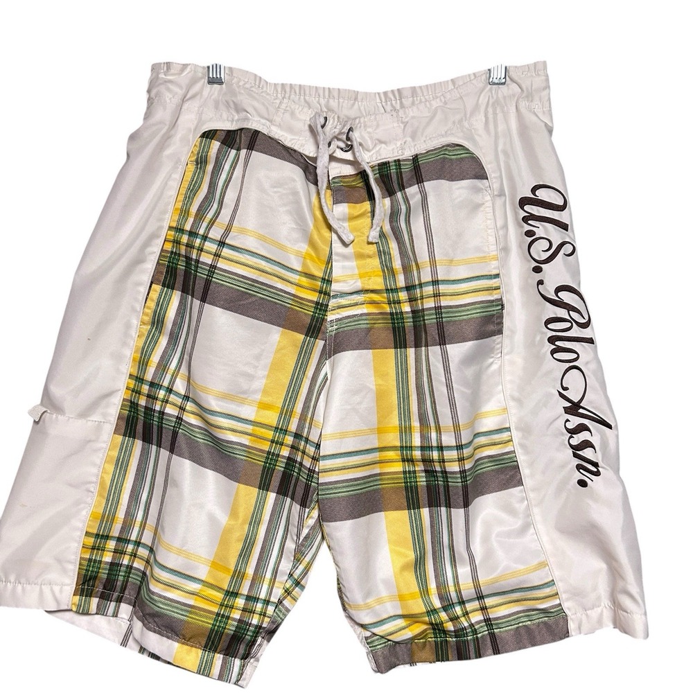 U.S. Polo Assn Swim Trunks Board Short Men's Size Medium‎ Yellow Lined Logo Y2K